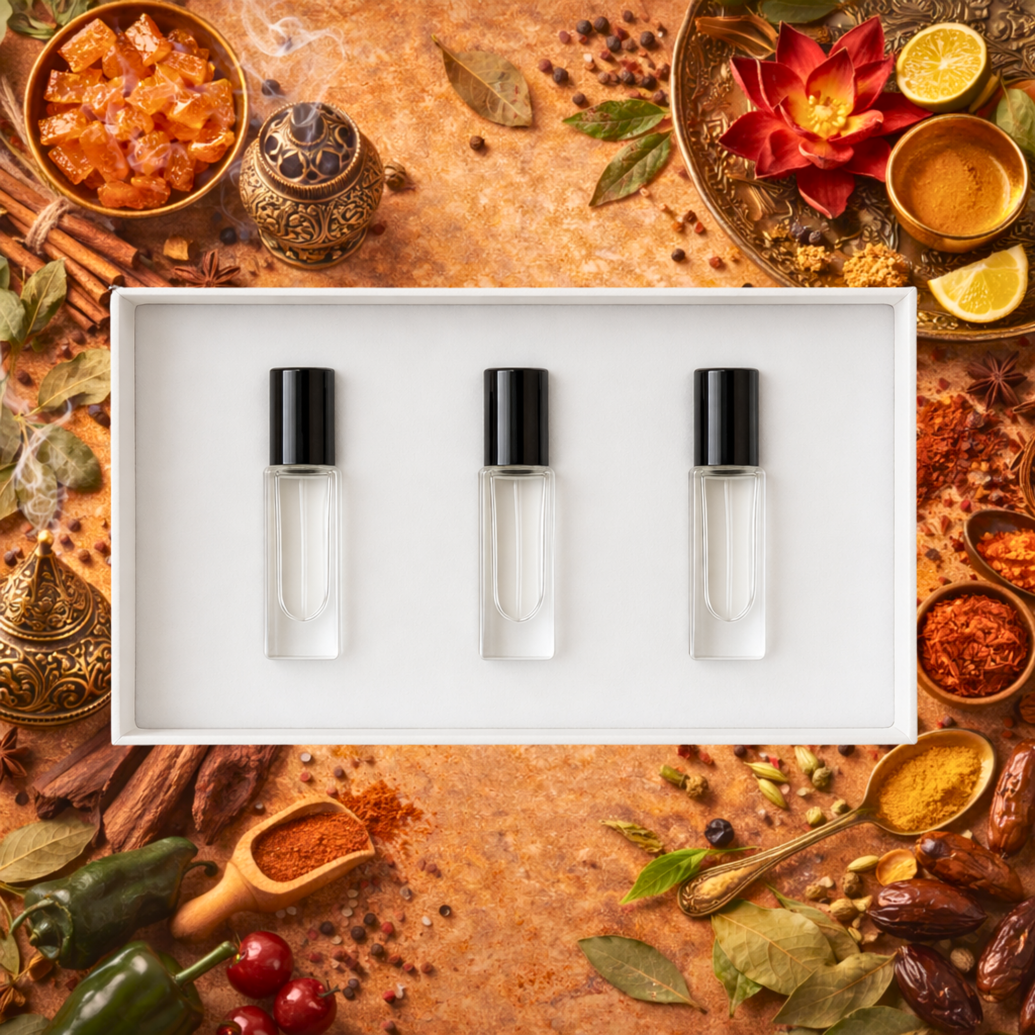 Three small glass bottles with black caps in a white box on a rustic background with spices and herbs.