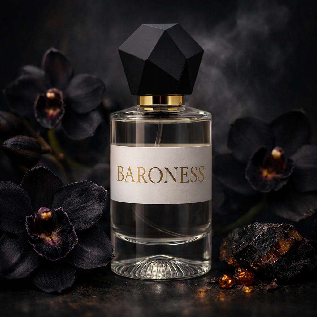 Perfume bottle labeled 'Baroness' with dark flowers and rocks in the background