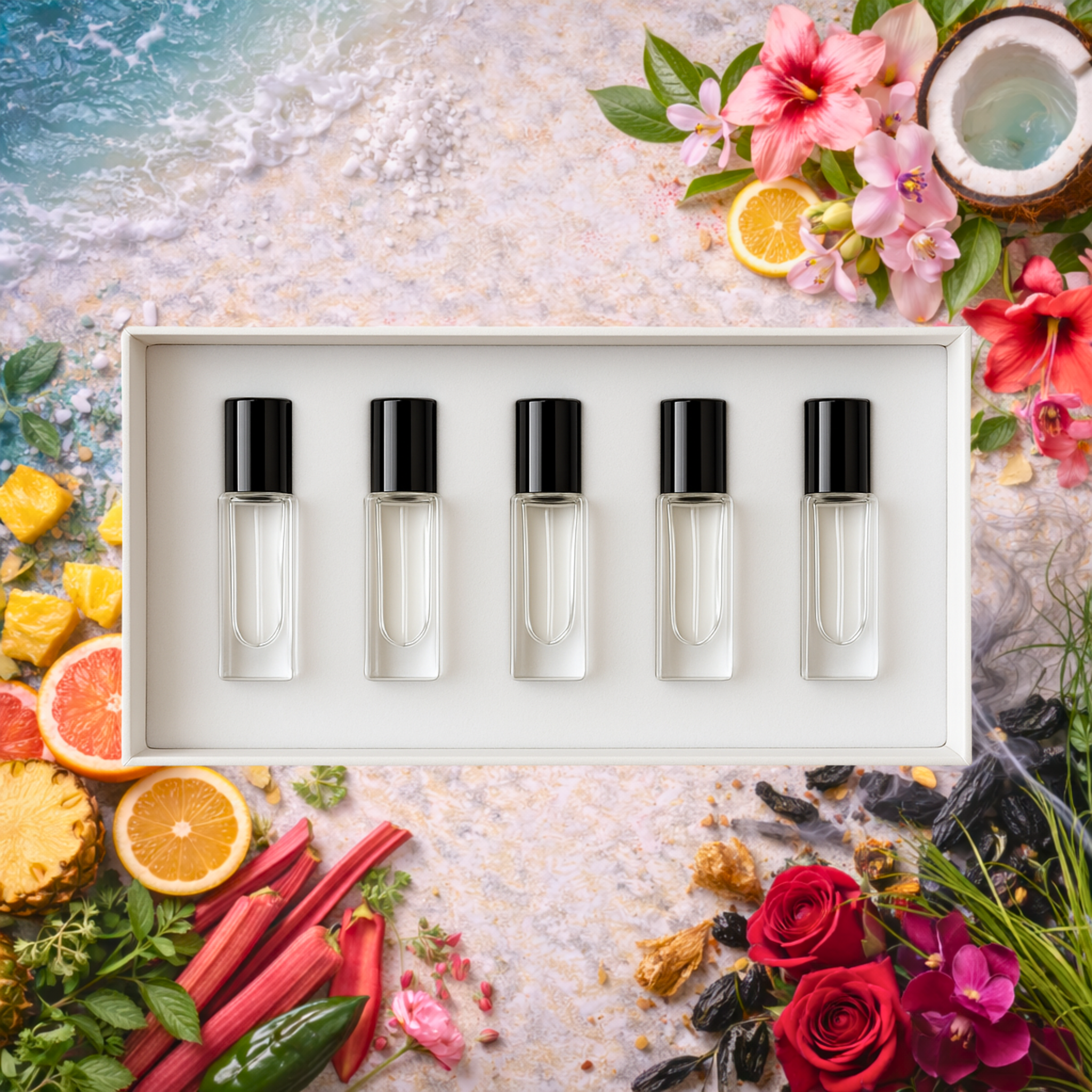 Five small glass bottles with black caps in a white box, surrounded by tropical fruits and flowers on a textured surface.