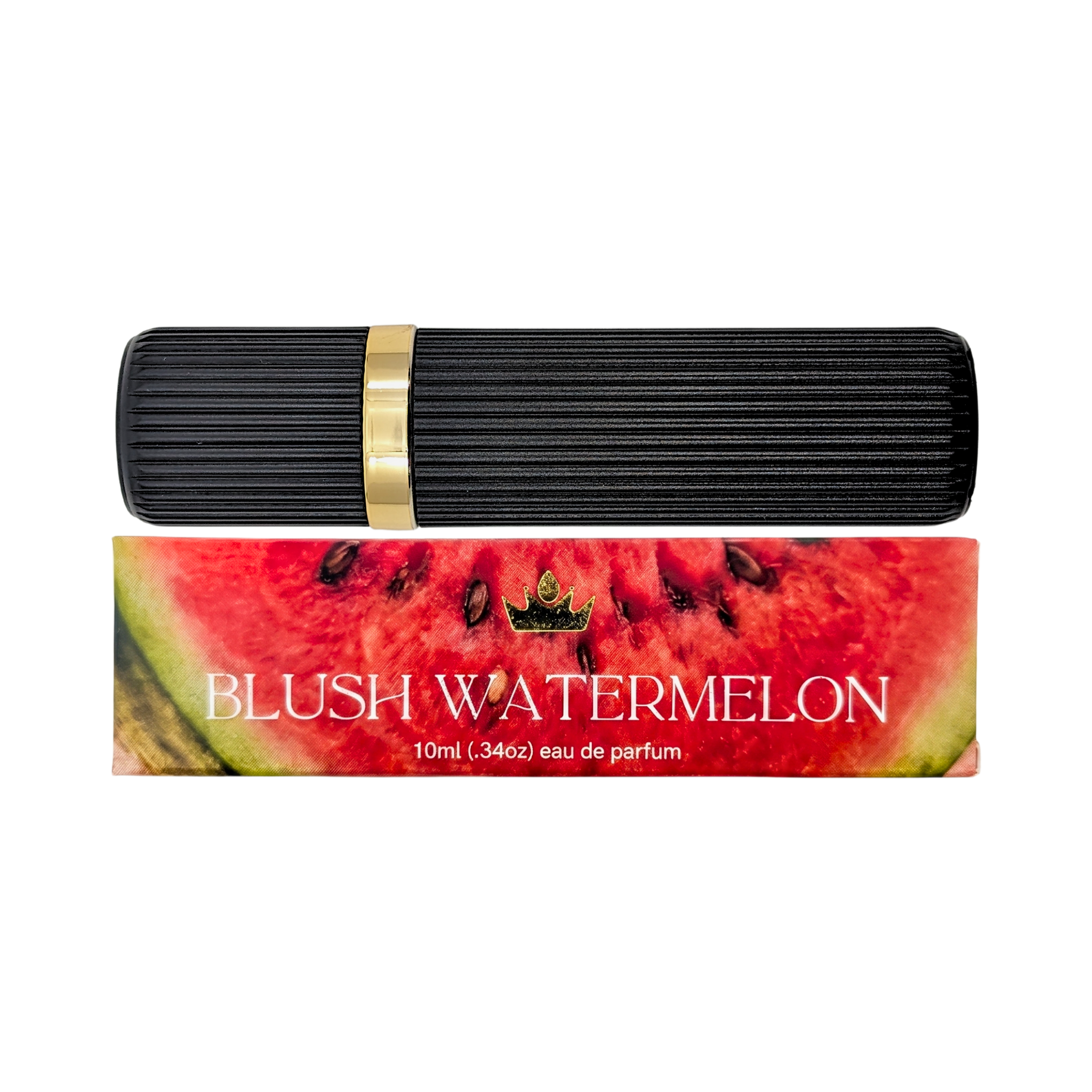 Black cylindrical perfume bottle with 'Blush Watermelon' packaging on a white background