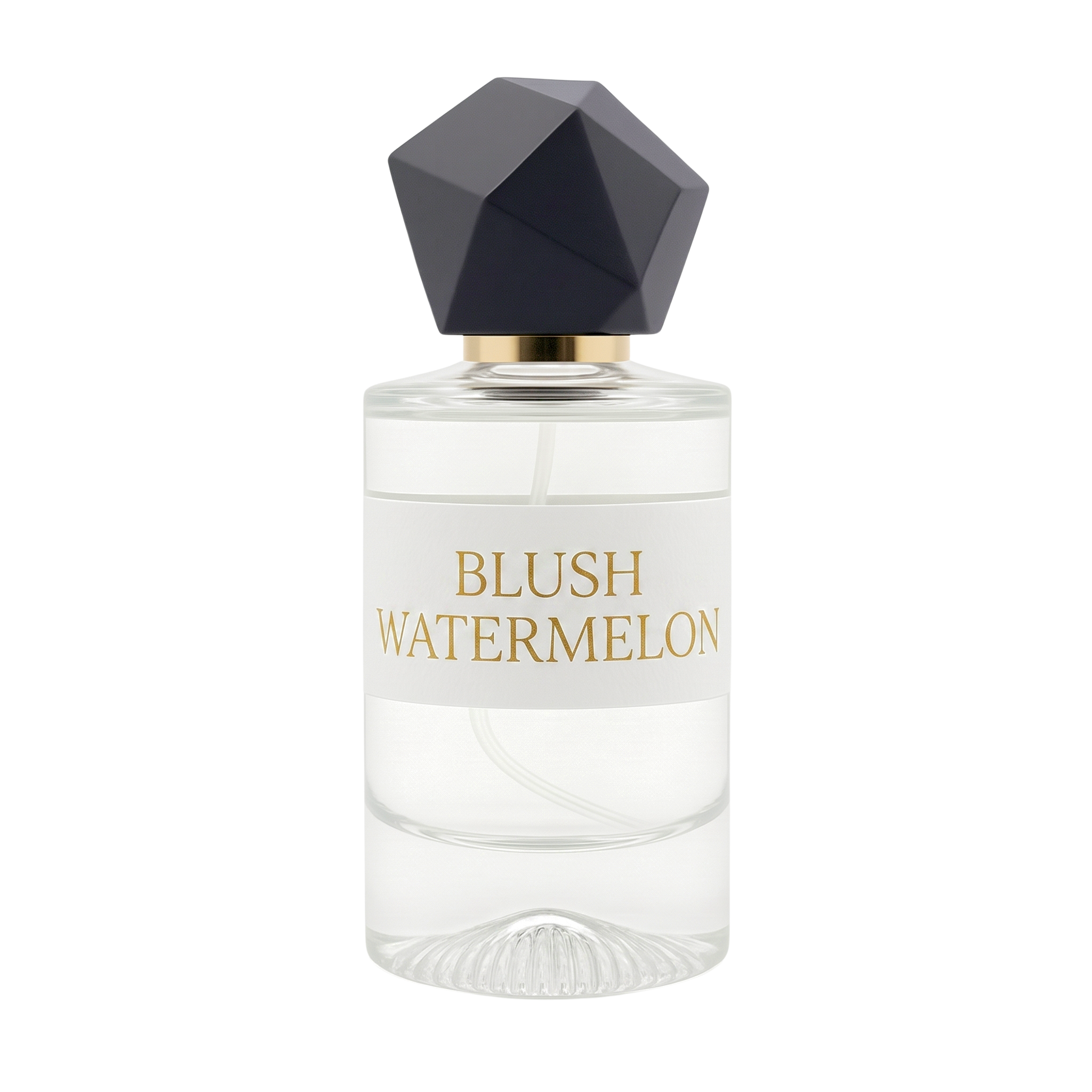 Perfume bottle labeled 'Blush Watermelon' with a geometric black cap on a white background