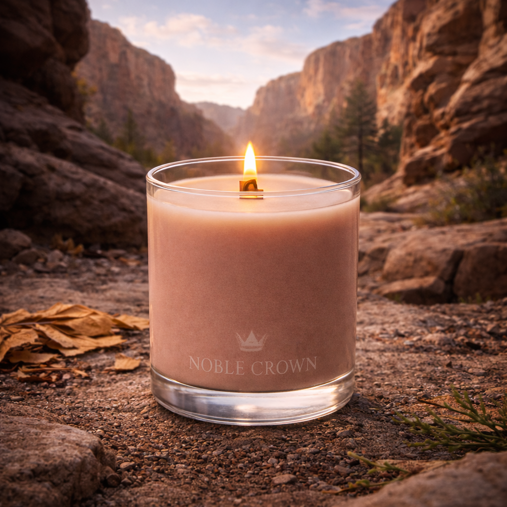 Candle in a glass jar with 'Noble Crown' branding in a natural setting with rocks and sky.