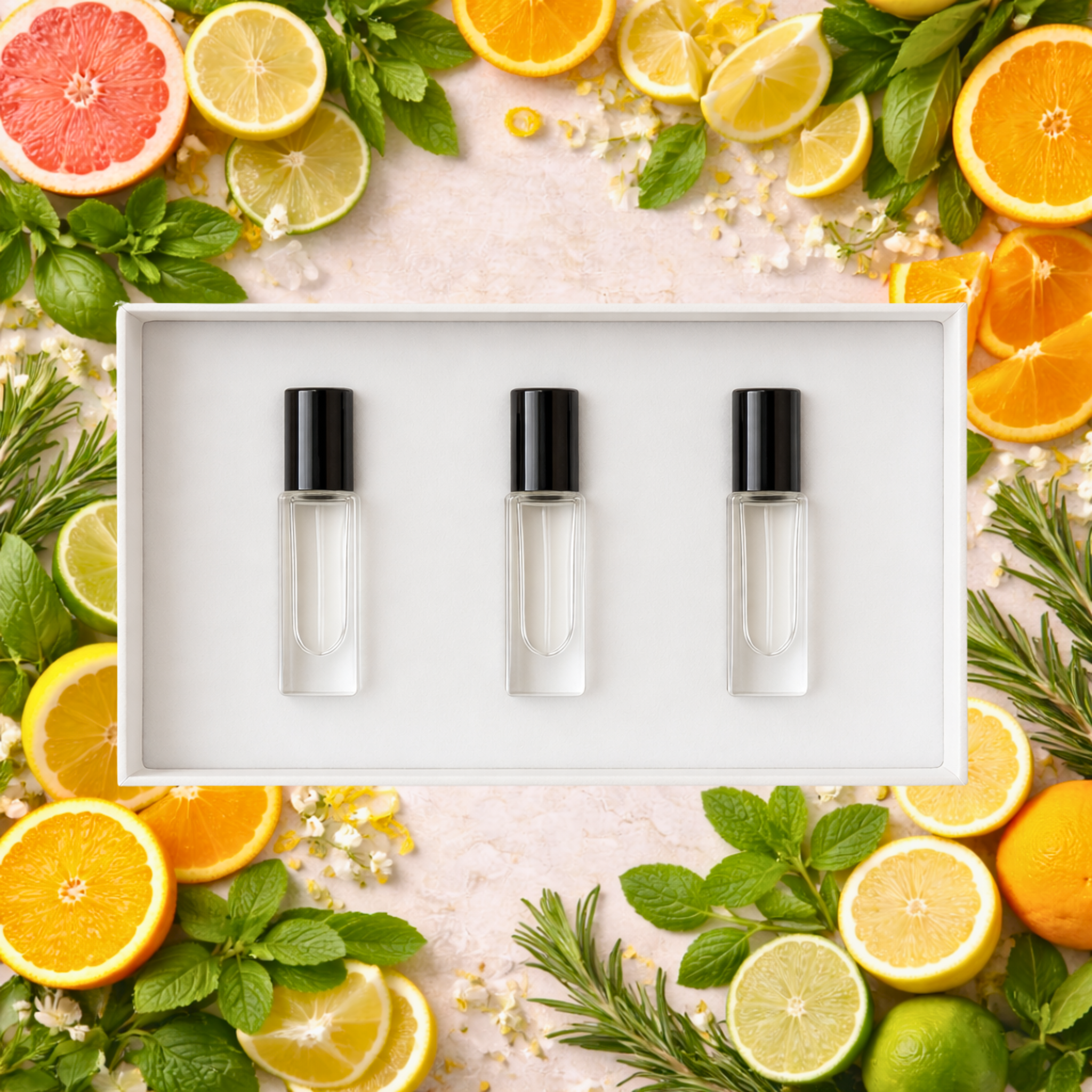 Three small bottles with black caps in a white box surrounded by citrus fruits and herbs on a light background