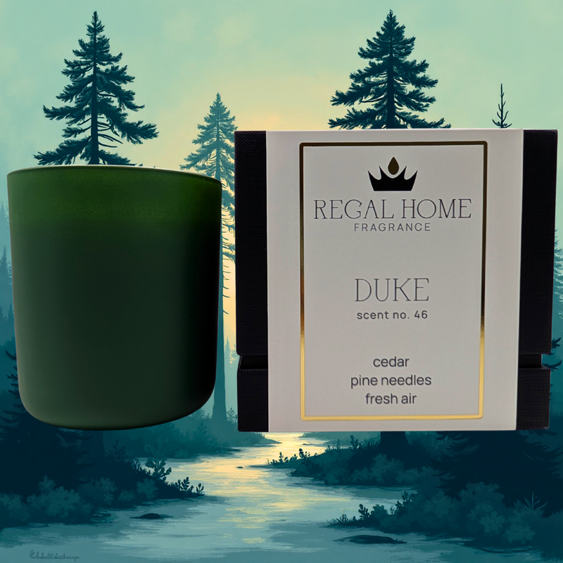 Green candle and packaging with 'Regal Home Fragrance' on a forest background