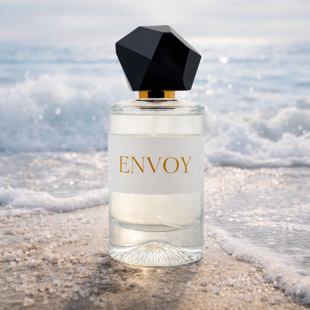 Perfume bottle labeled 'Envoy' on a beach with ocean waves in the background