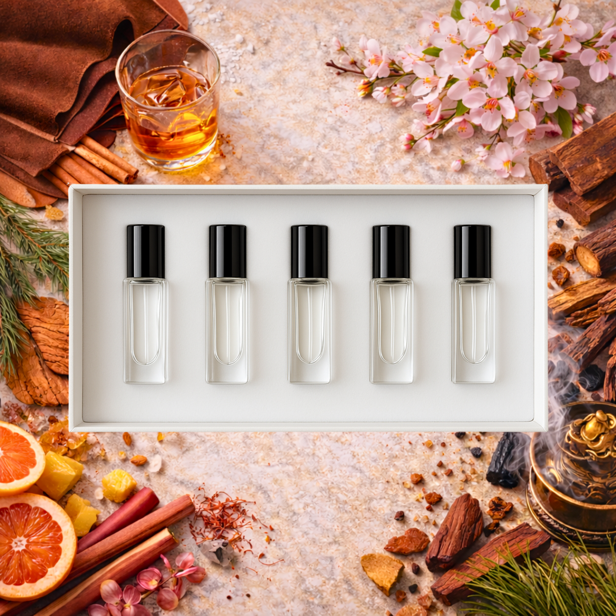 Five small glass bottles with black caps in a white box, surrounded by cinnamon sticks, oranges, and flowers on a textured surface.