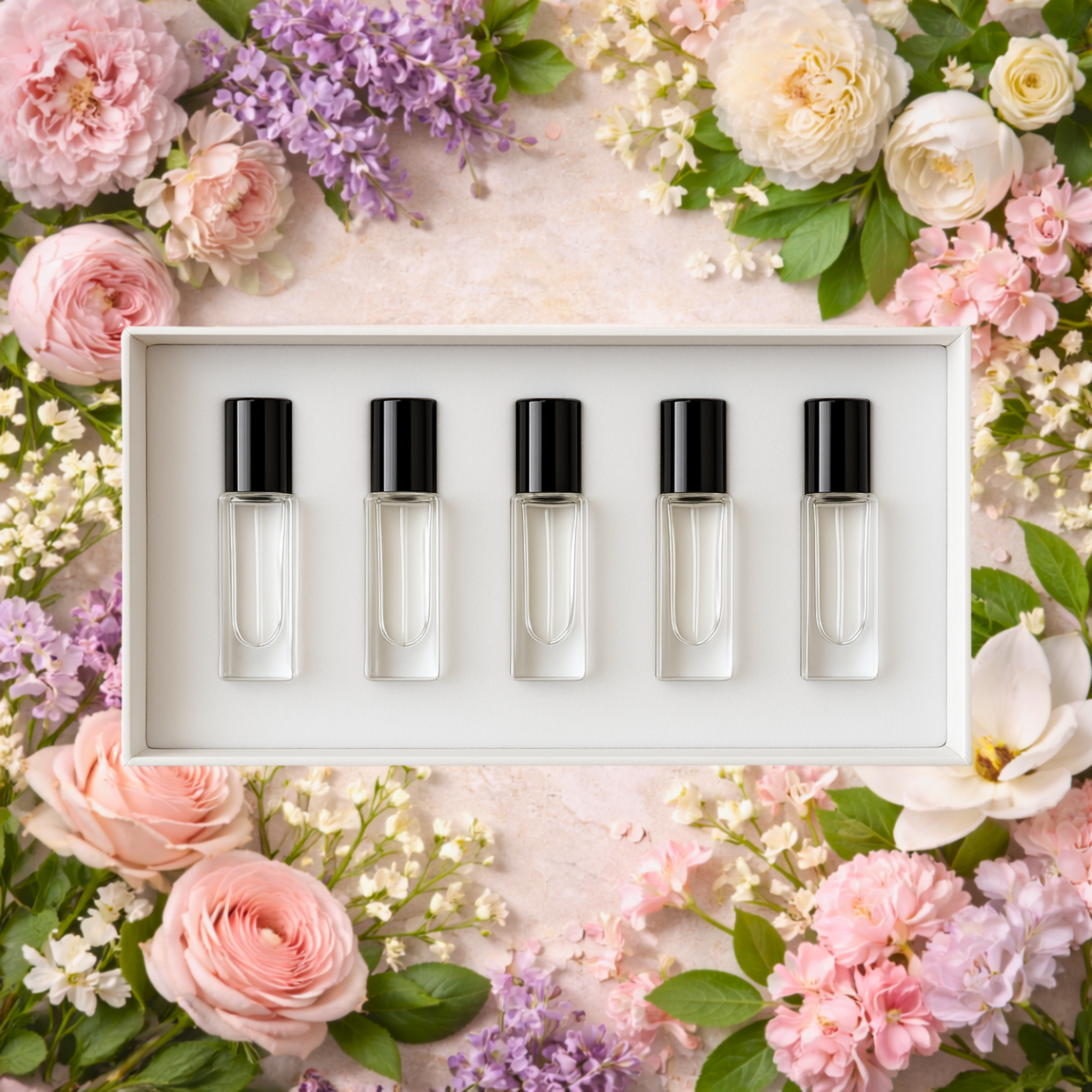 Set of five small glass bottles with black caps in a white box, surrounded by flowers.