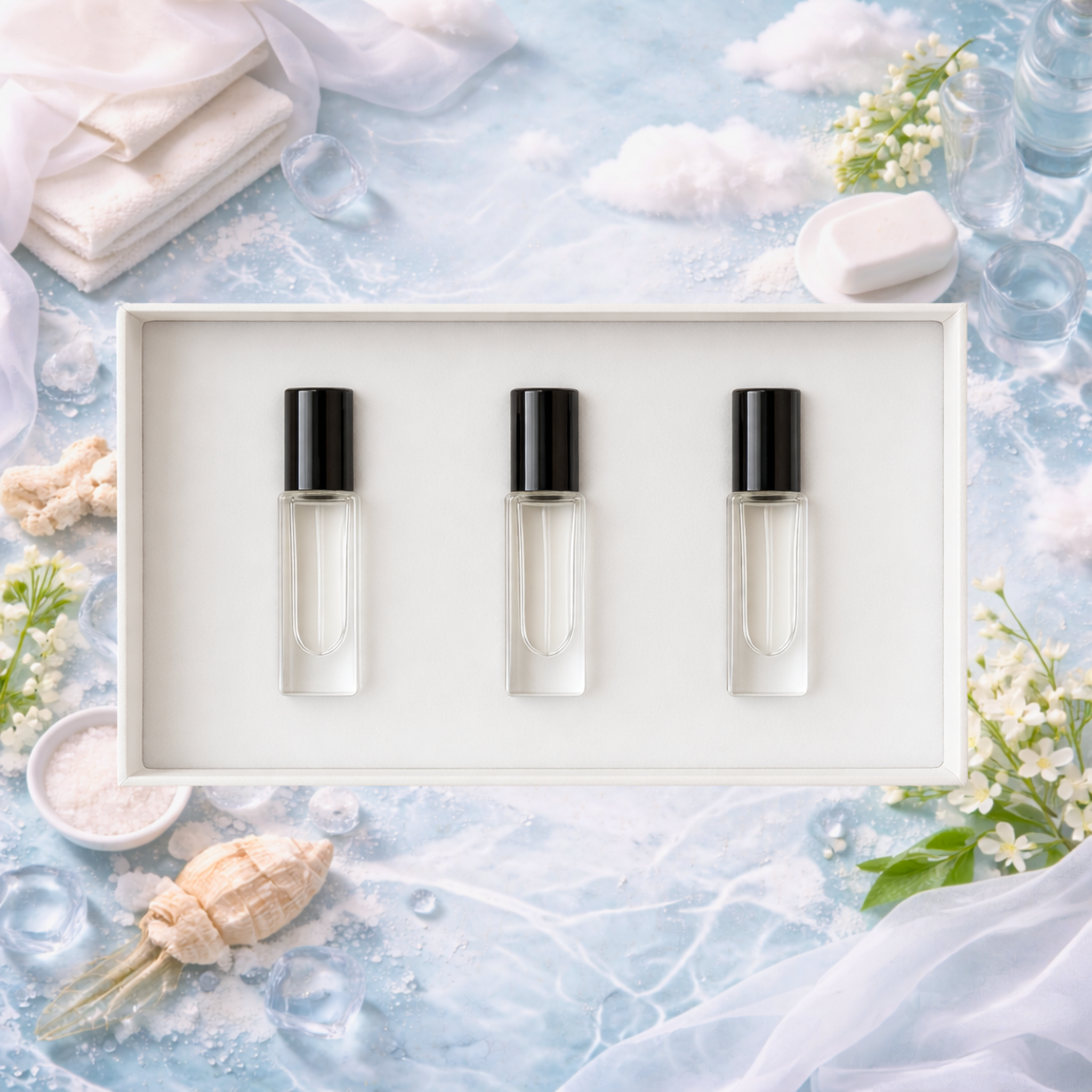 Three small glass bottles with black caps in a white box on a light blue background with flowers and shells.