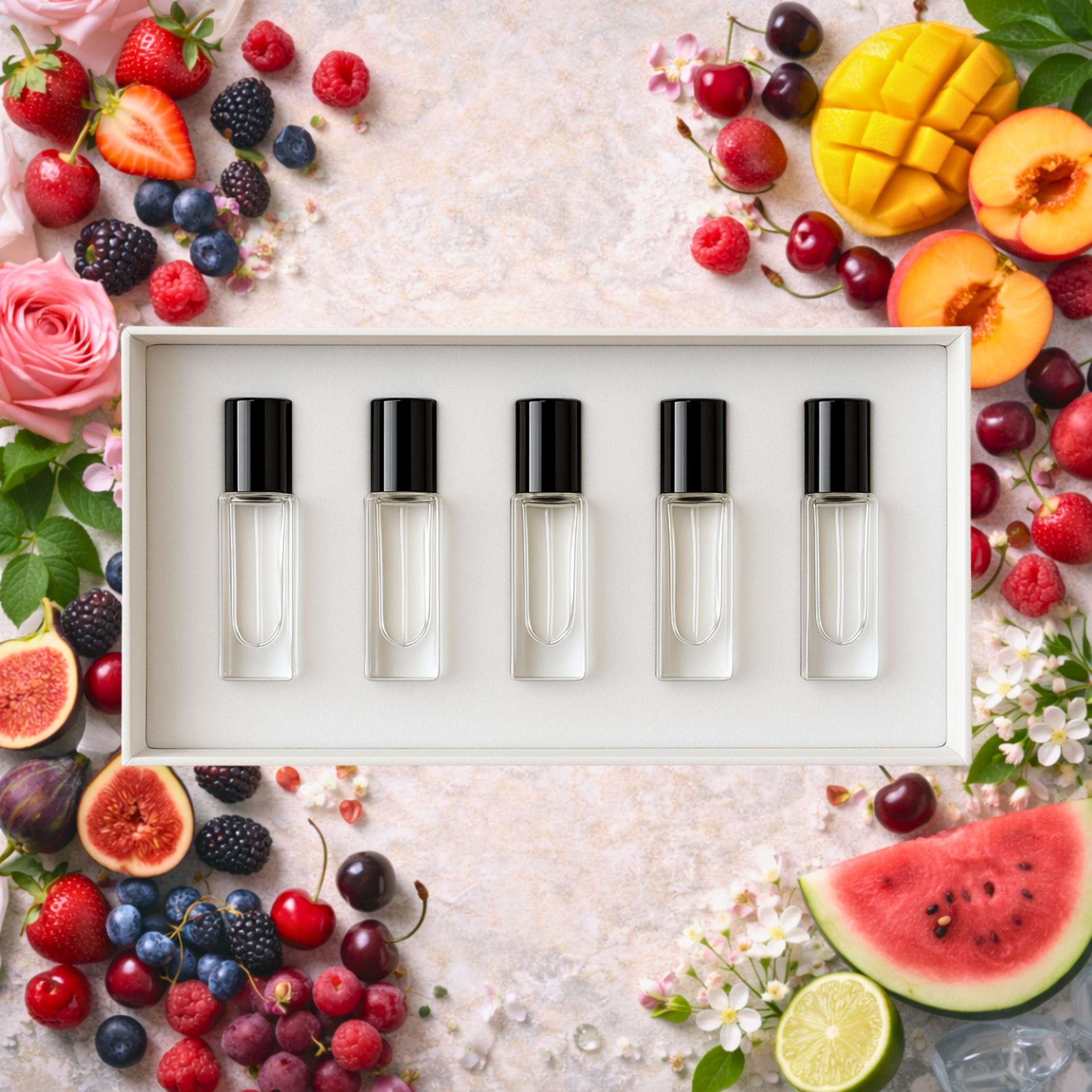 Five small glass bottles with black caps in a white box surrounded by fruits and flowers on a light background