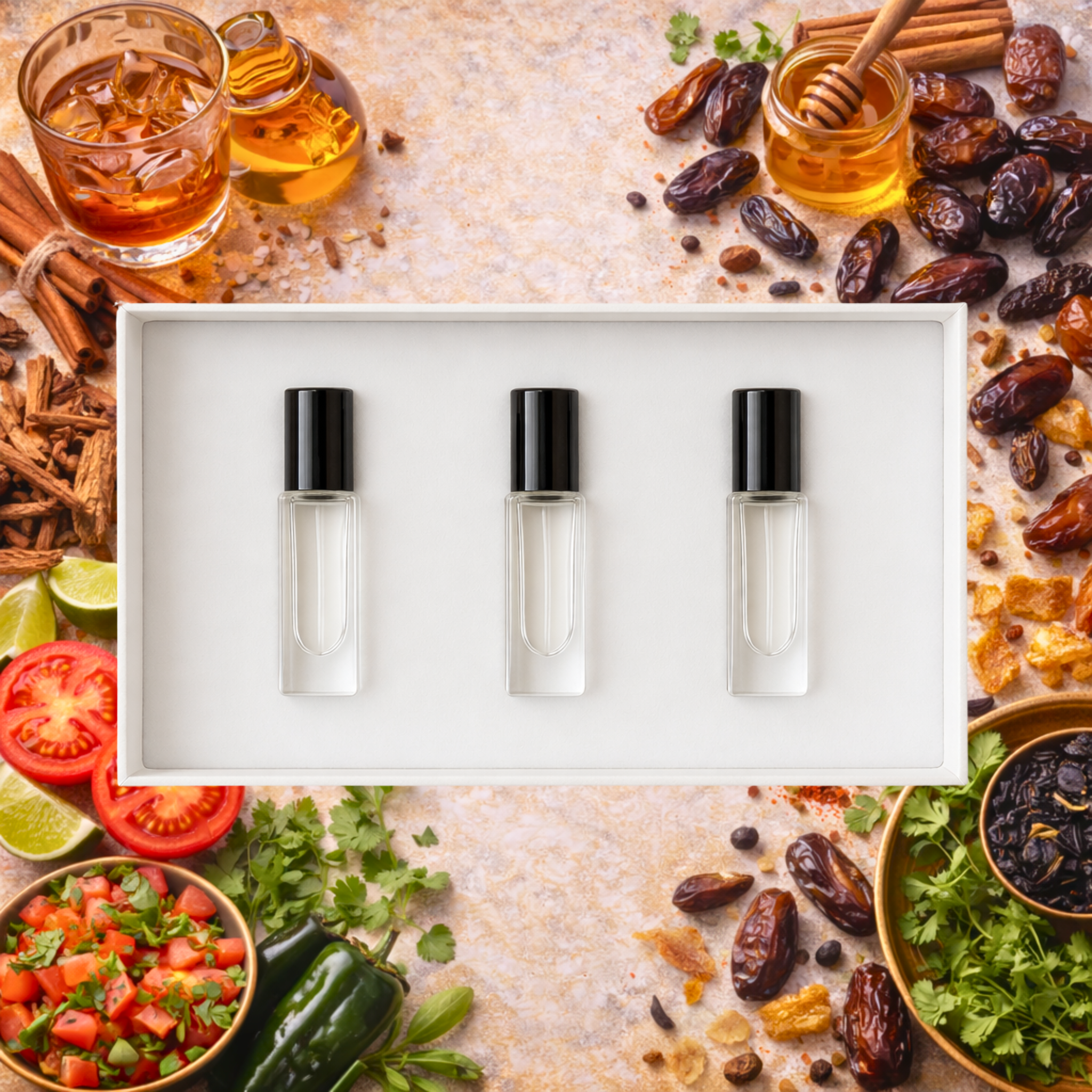 Three small bottles with black caps on a white tray surrounded by ingredients like honey, dates, and vegetables.