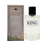 Noble Crown 'King' room and linen spray bottle and packaging on a white background
