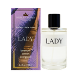 Noble Crown 'Lady' room + linen spray bottle and packaging on a white background
