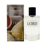 Noble Crown 'Lord' room and linen spray bottle and packaging on a white background