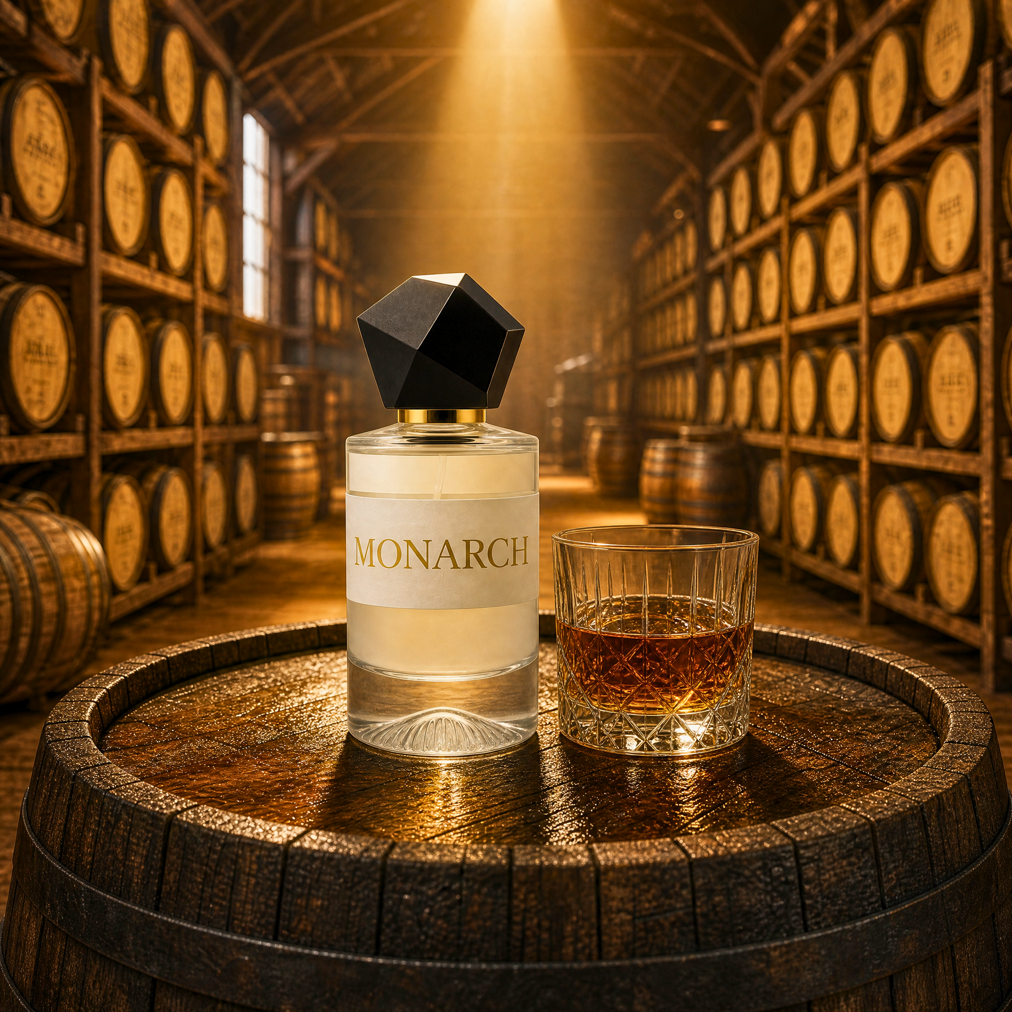 Monarch perfume bottle and glass of whiskey on a barrel with whiskey barrels in the background