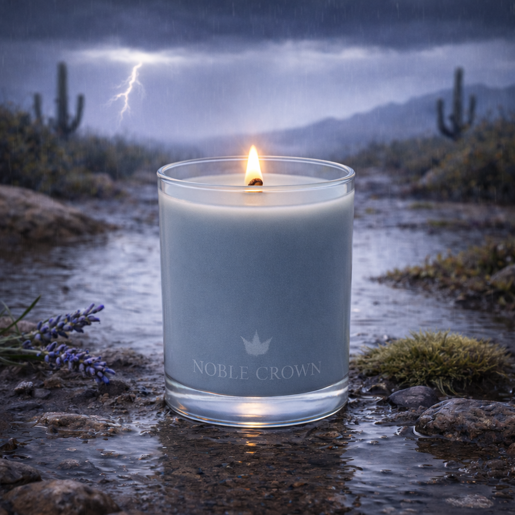 Candle with 'Noble Crown' branding in a desert landscape with lightning in the background
