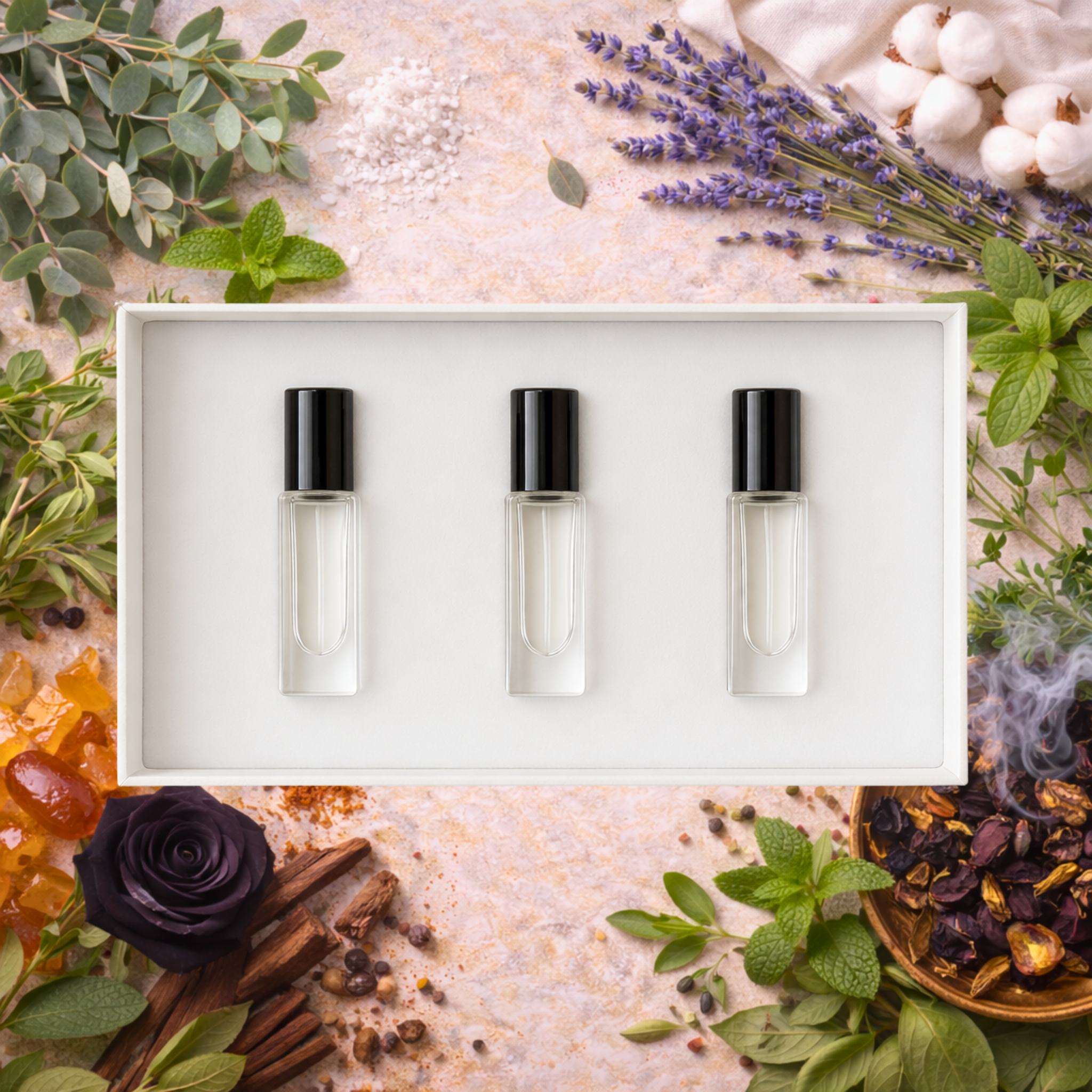 Three small glass bottles with black caps in a white box, surrounded by herbs and flowers on a textured surface.