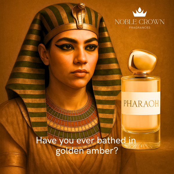 Perfume bottle labeled 'Pharaoh' with an Egyptian-themed character and 'Noble Crown Fragrances' branding.