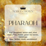 Noble Crown Fragrances 'Pharaoh' fragrance description card with floral design on a textured background