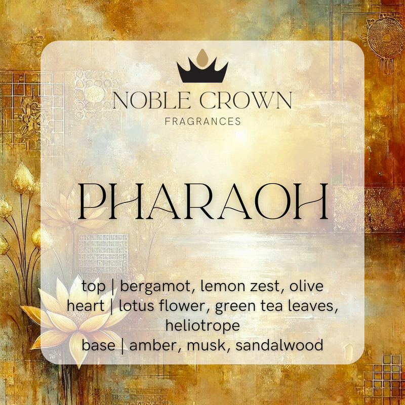 Noble Crown Fragrances 'Pharaoh' fragrance description card with floral design on a textured background