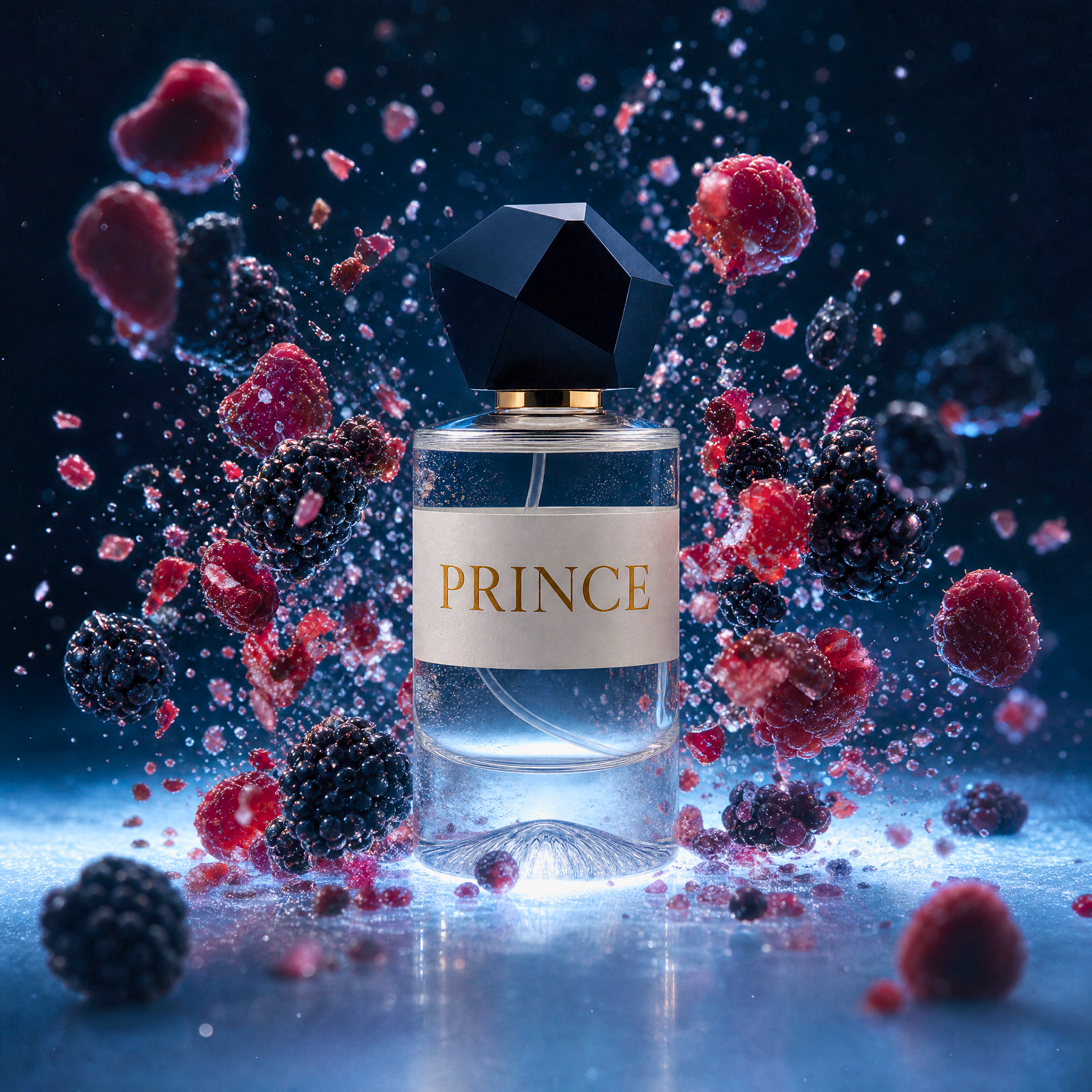 Perfume bottle labeled 'PRINCE' surrounded by floating berries on a dark background