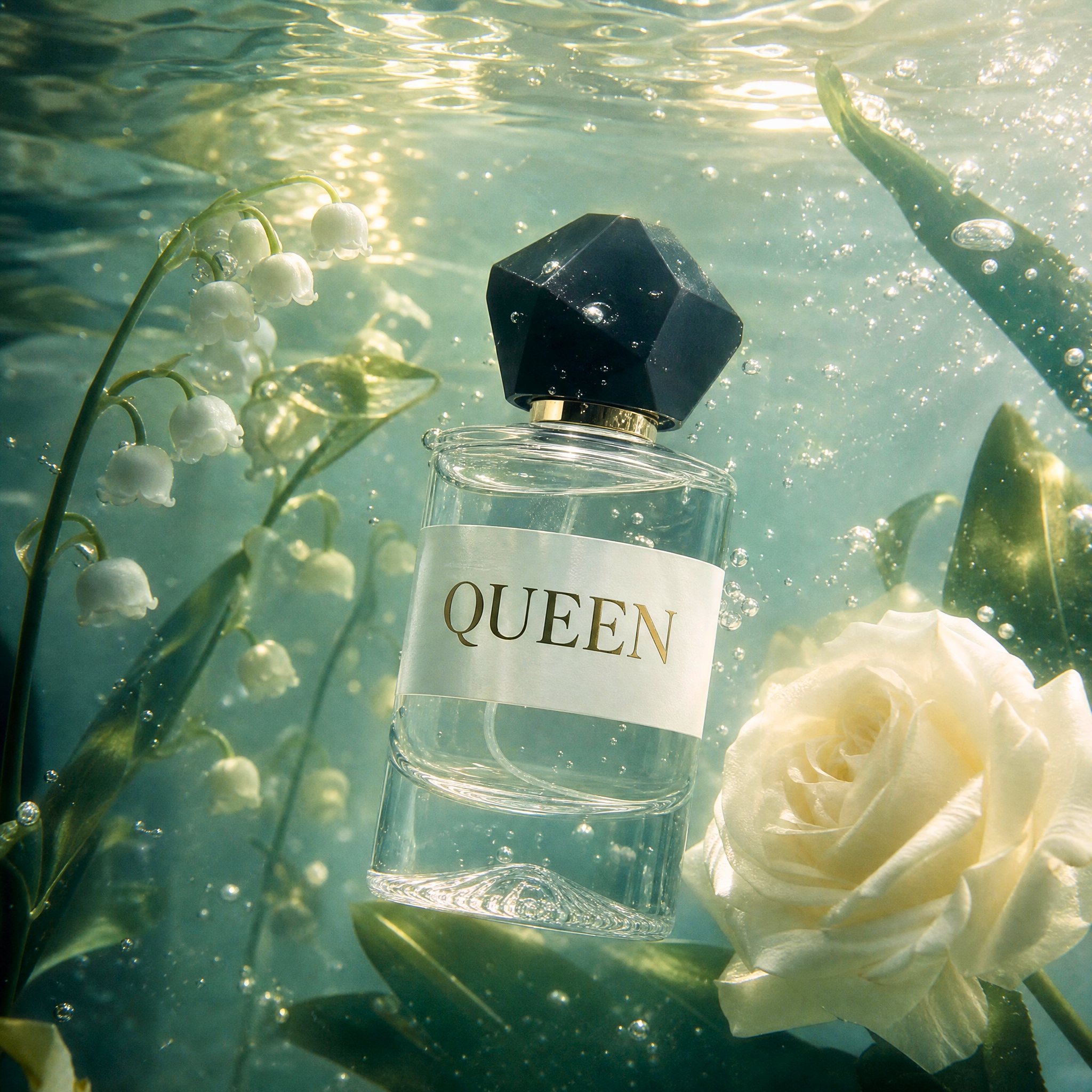 Perfume bottle labeled 'QUEEN' with flowers underwater