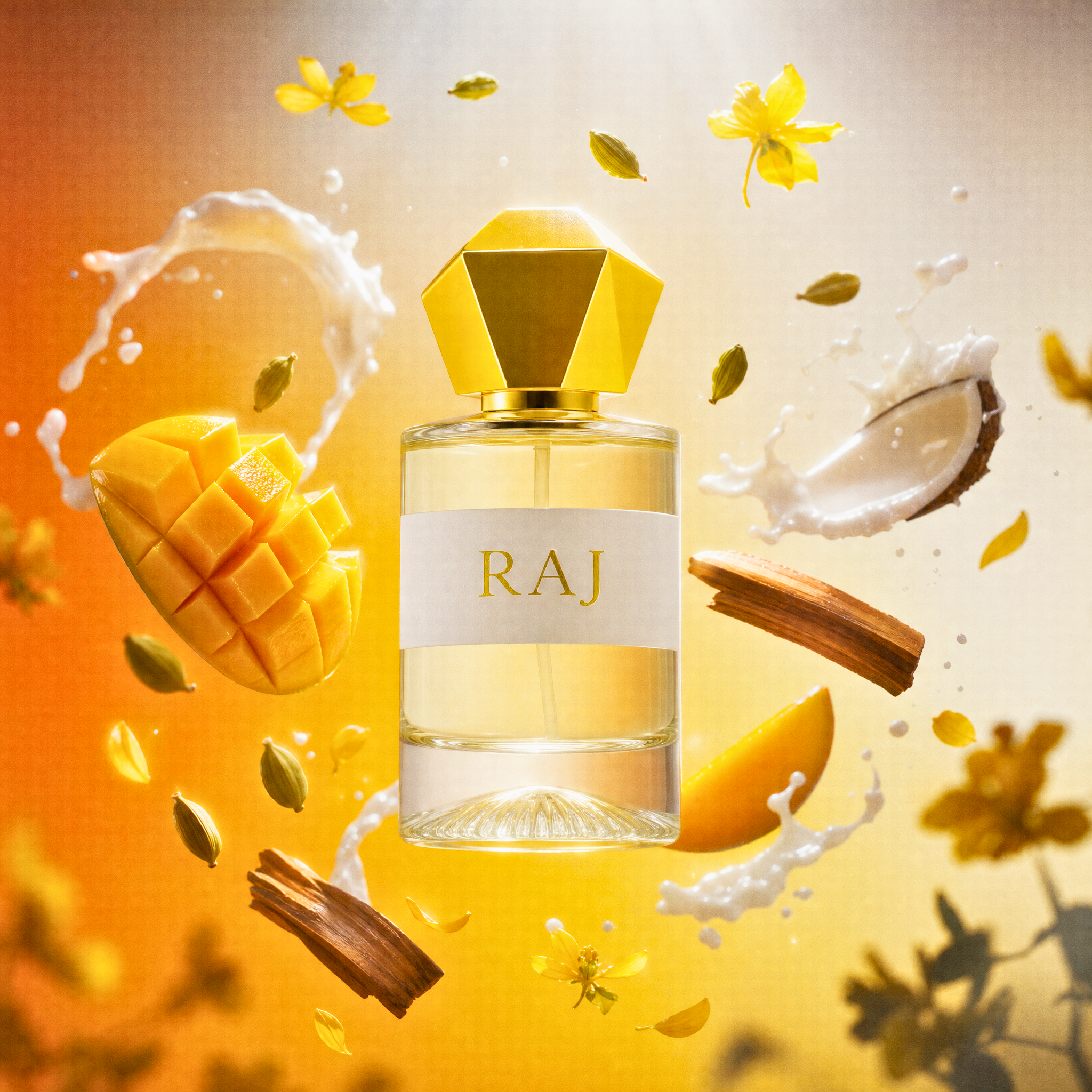 Raj perfume bottle with gold cap surrounded by mango, coconut milk, sandalwood, and cardamom