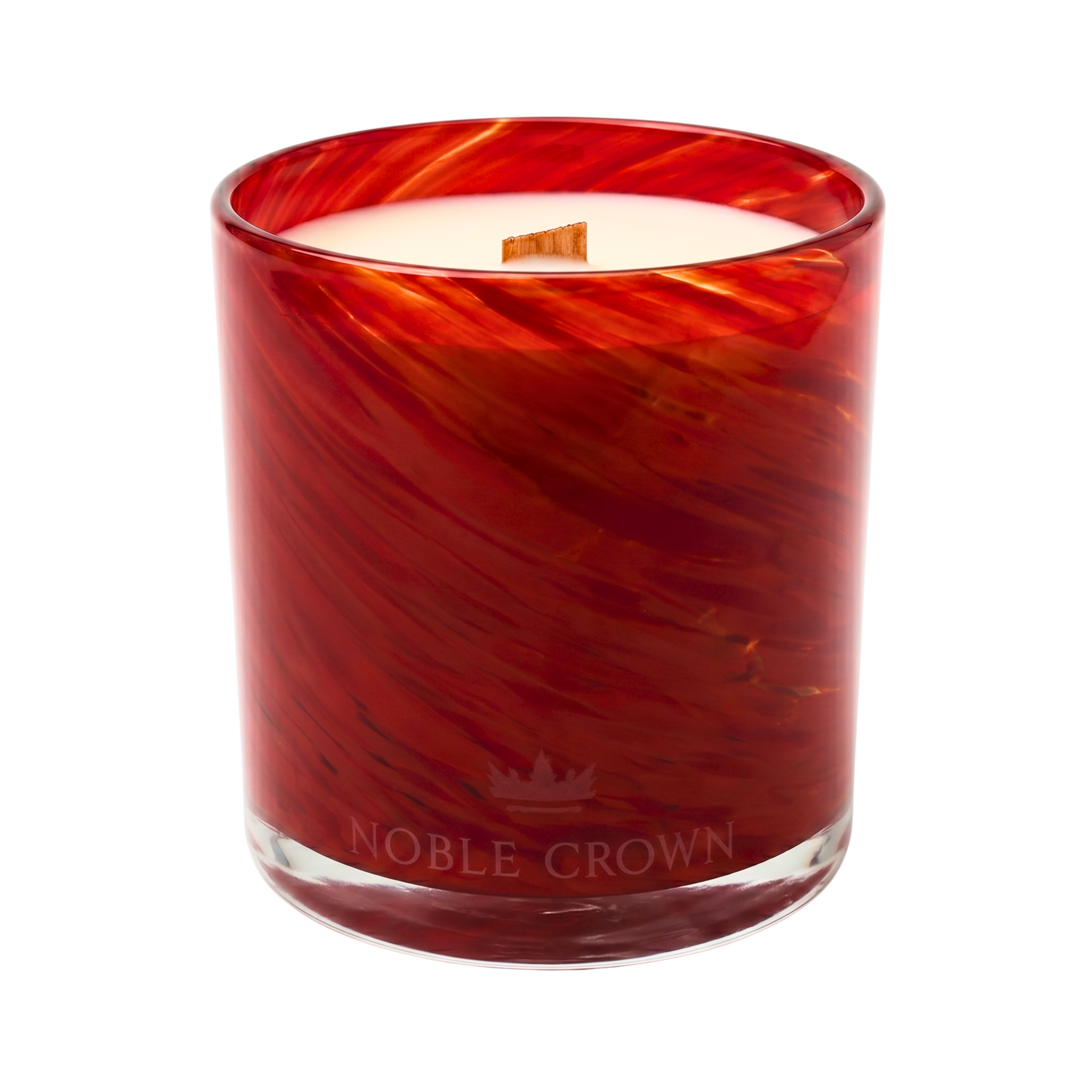 A red marbled glass jar candle with white wax and a wooden wick, featuring the 'NOBLE CROWN' brand name and crown logo printed on the front, set against a plain white background.