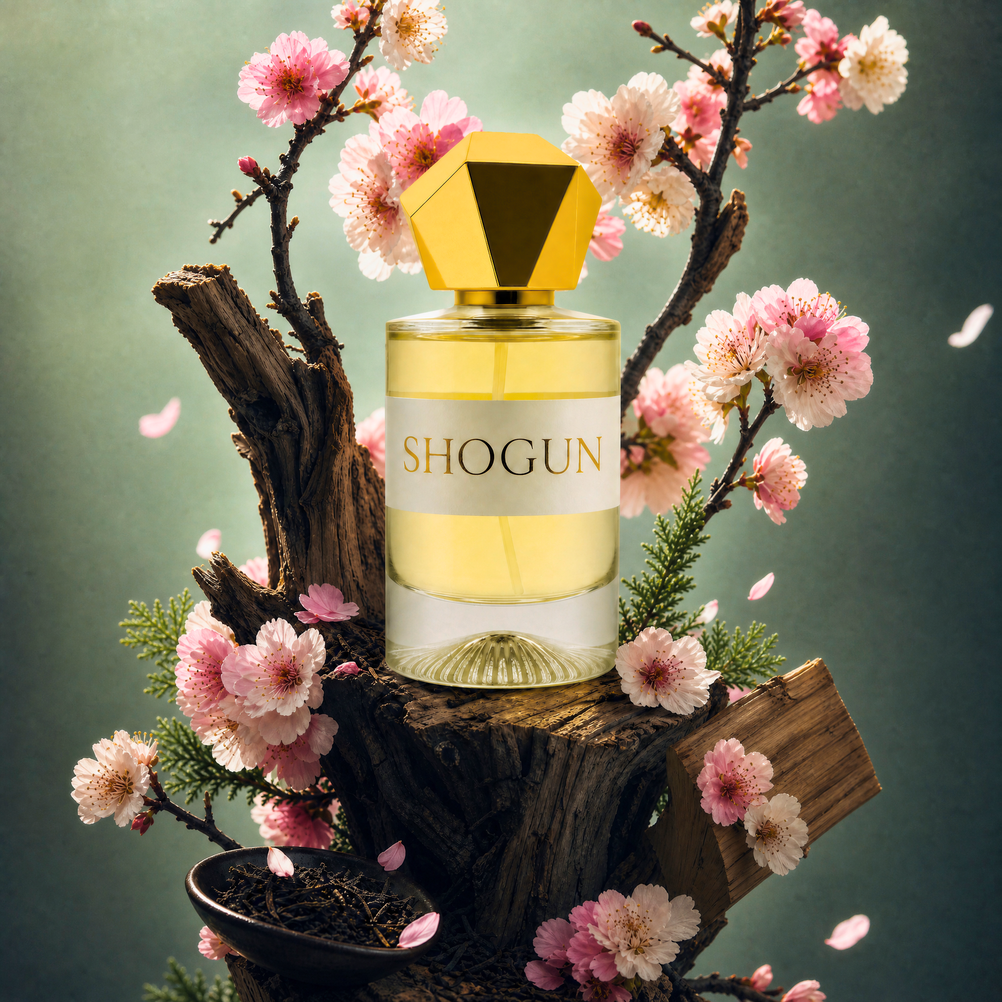 Shogun perfume with gold cap surrounded by cherry blossoms while son top of a hinoki tree trunk