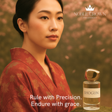 Woman in a red kimono with a Noble Crown Shogun perfume bottle on a blurred floral background
