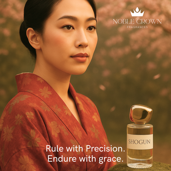 Woman in a red kimono with a Noble Crown Shogun perfume bottle on a blurred floral background