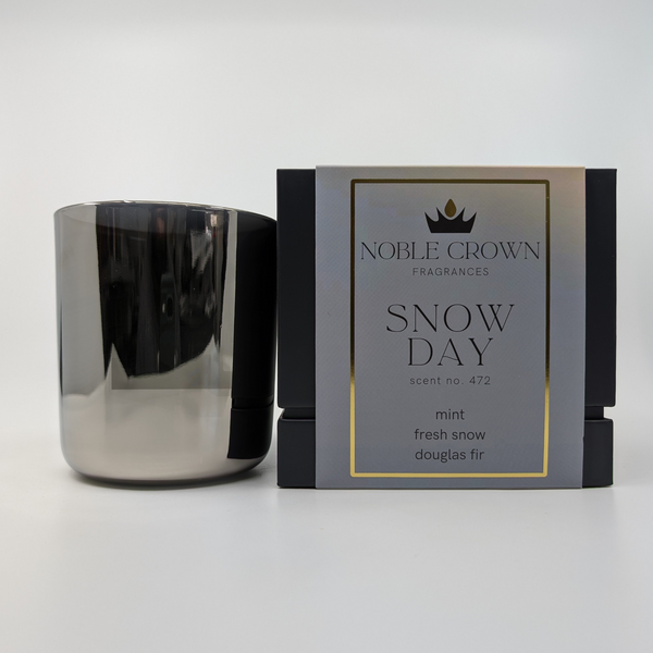 A silver candle labeled 'Snow Day' by Nobble Crown Fragrances, along with its packaging box with the same label.