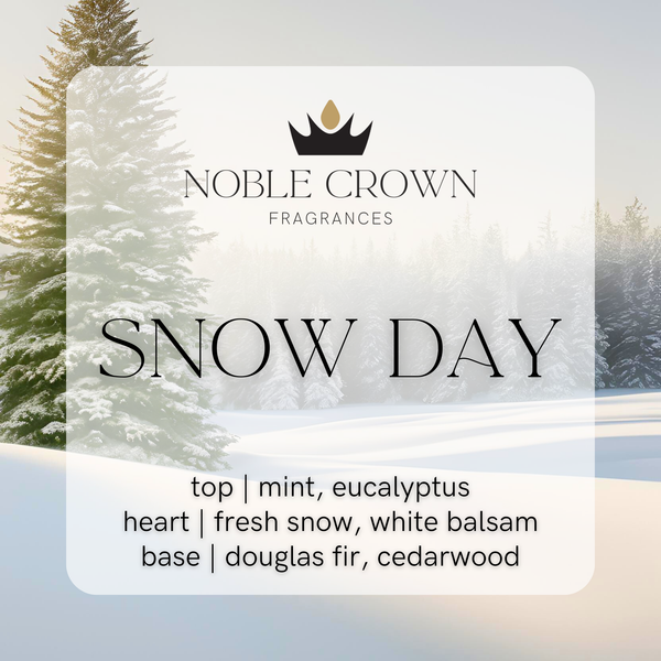Noble Crown Fragrances Snow Day scent notes with winter scenery background