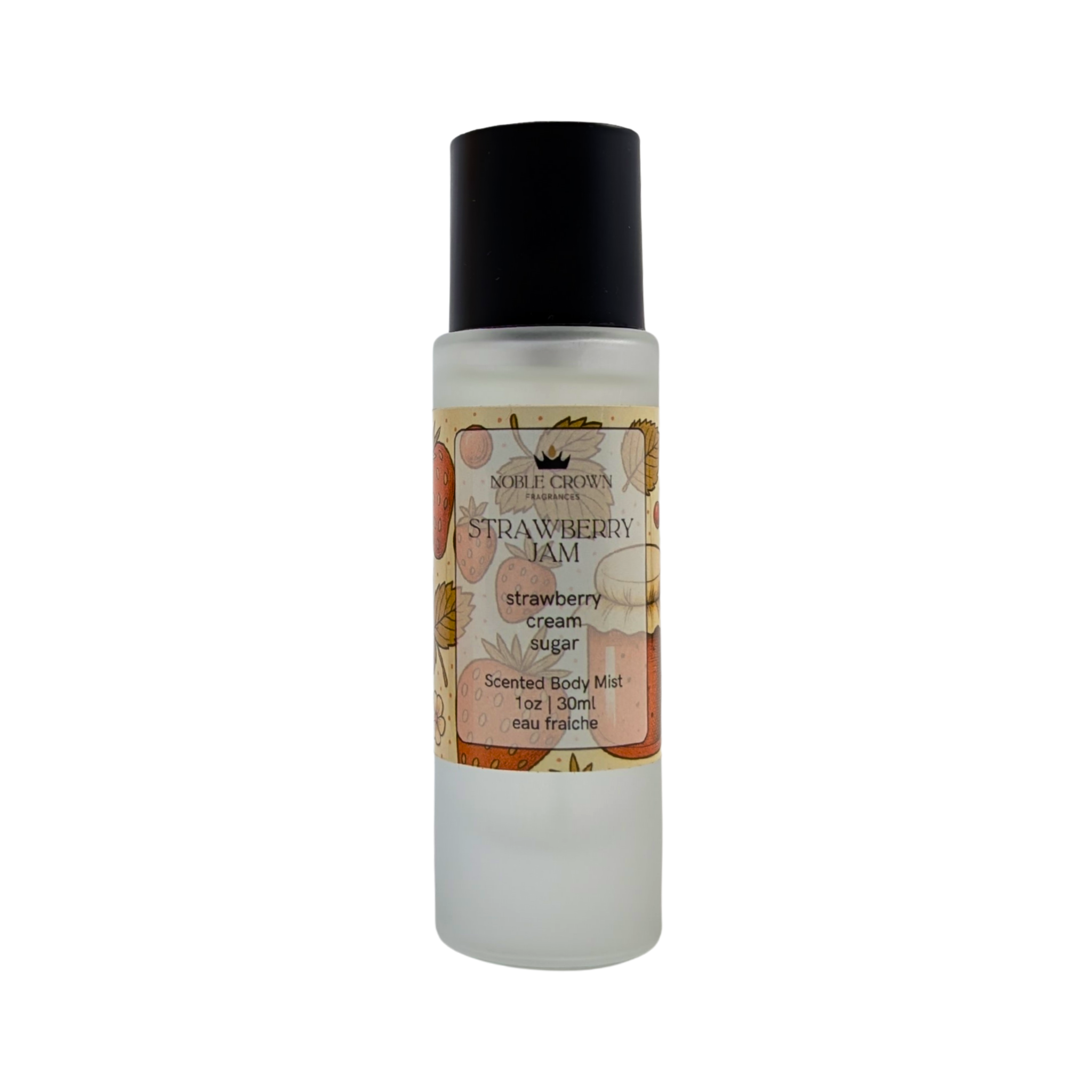Scented body mist bottle with strawberry jam flavor on a white background