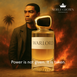 Perfume bottle labeled 'Warlord' with a man in a desert setting, featuring the Noble Crown Fragrances brand.