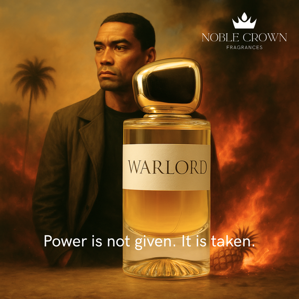 Perfume bottle labeled 'Warlord' with a man in a desert setting, featuring the Noble Crown Fragrances brand.