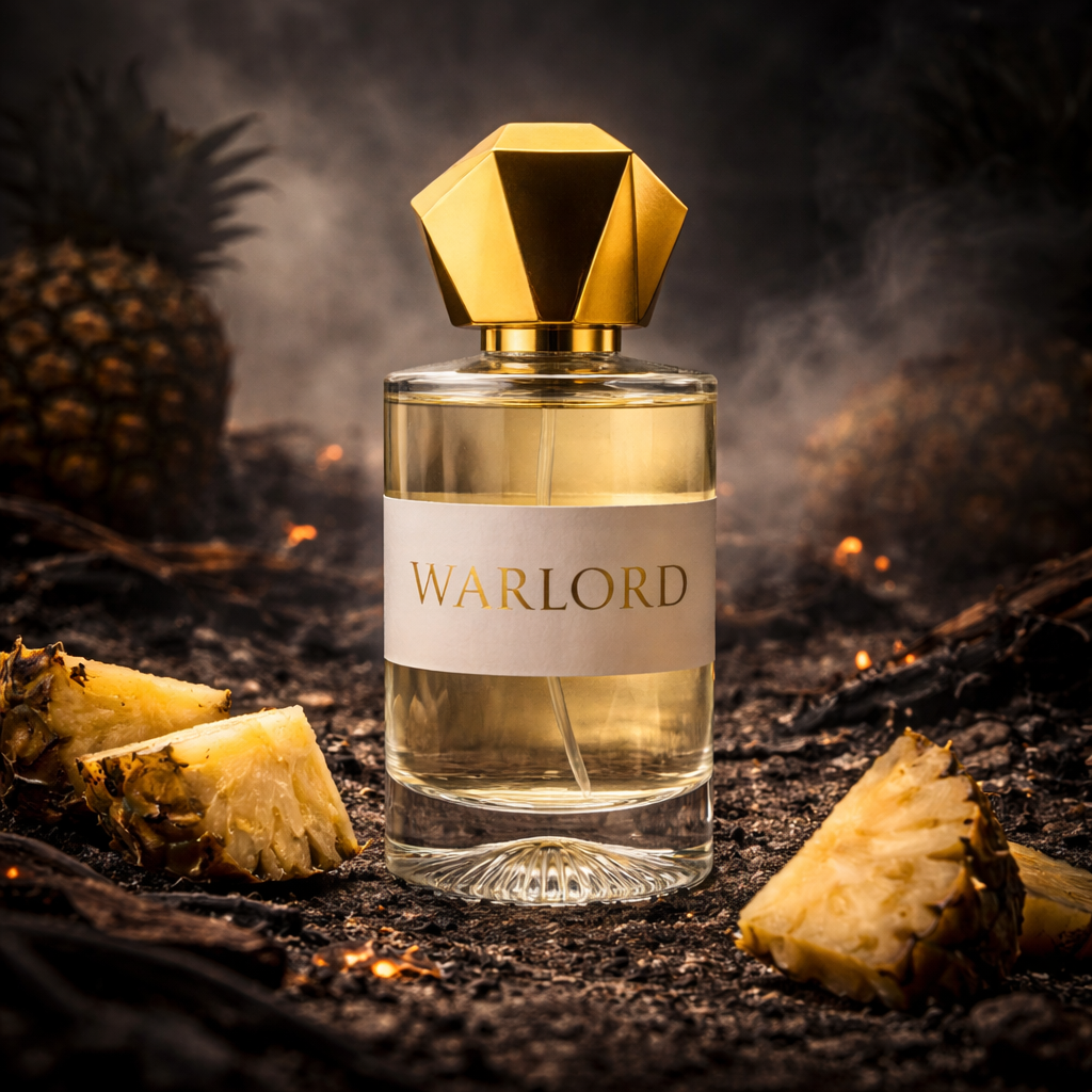 Perfume bottle labeled 'Warlord' with gold cap on a dark background with pineapples.