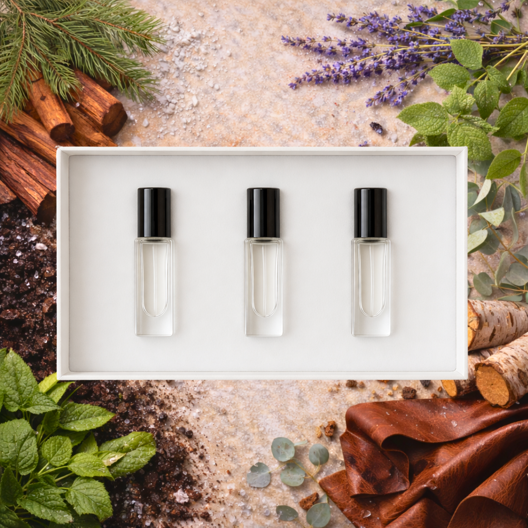 Three small glass bottles with black caps in a white box, surrounded by natural elements like lavender and wood.